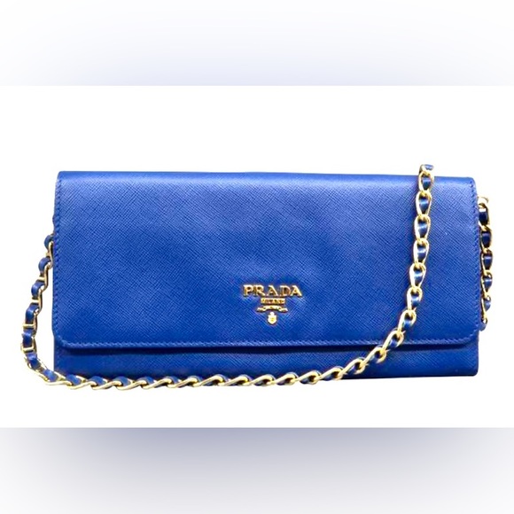 Authentic Prada Blue Saffiano Leather Wallet with Chain